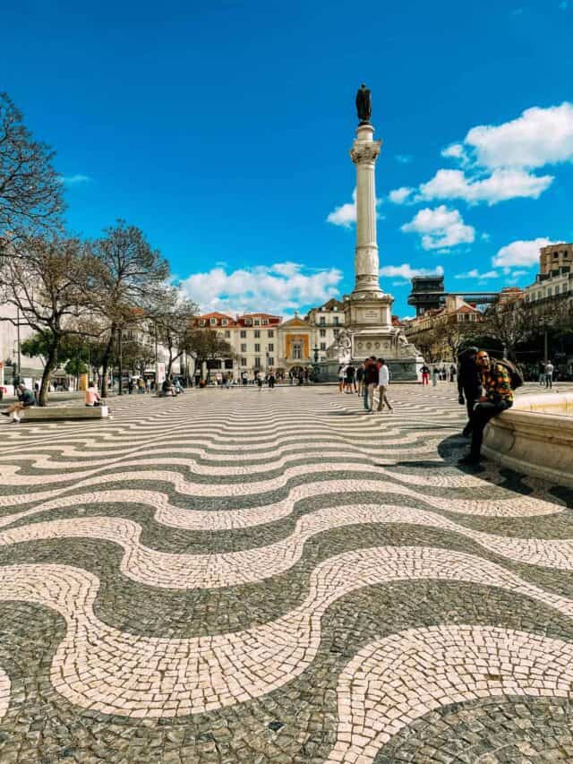 Plaza with undulating tiles in Lisbon Portugal