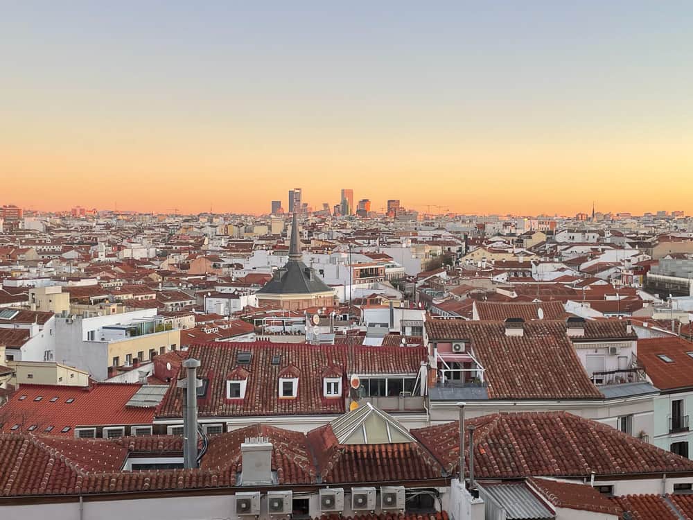 View of red roofs in Madrid from above.