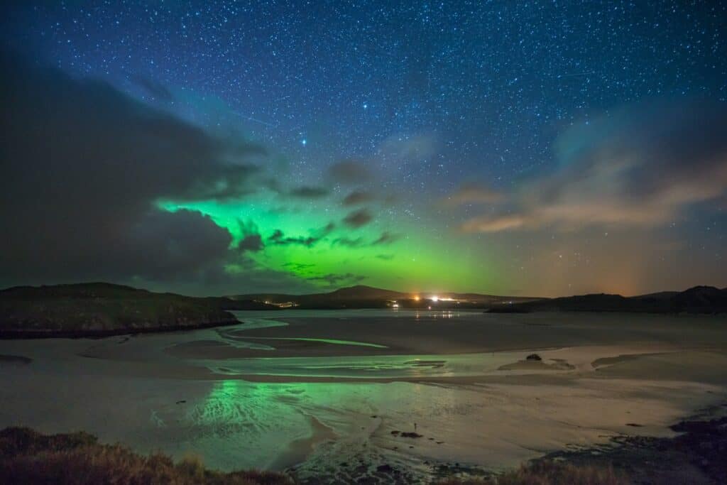 Polar lights in the Hebrides off Scotland.