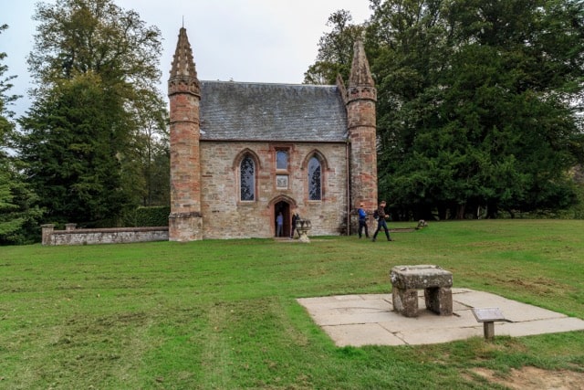SCONE, GREAT BRITAIN - SEPTEMBER 11, 2014: This is the Scone Castle Chapel and the copy of the Stone of Scone, the sacred relic of Scotland on which the Scottish monarchs were crowned.