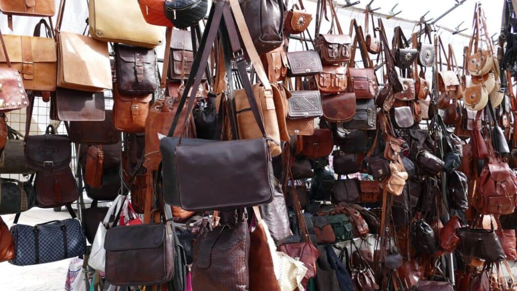 Leather goods at the weekly, farmer, livestock, flea and artisan market in Sineu, Mallorca, Spain