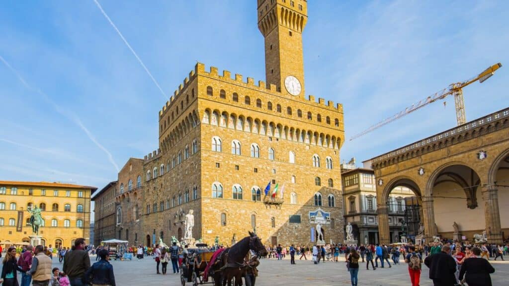 Florence, Italy - April 10, 2015: Piazza della Signoria is an L-shaped square in front of the Palazzo Vecchio in Florence, Italy.