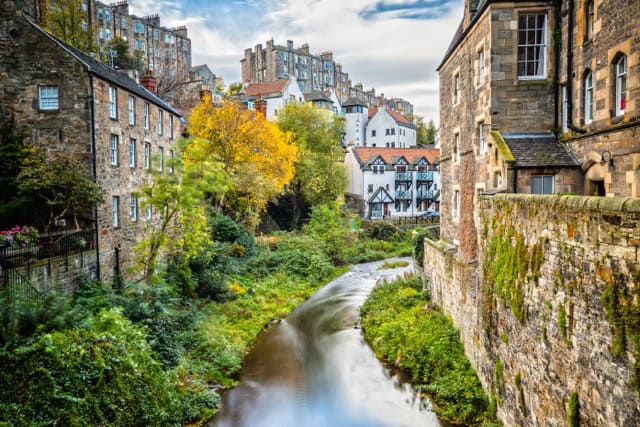 Dean Village Stream with stone buildings on either side