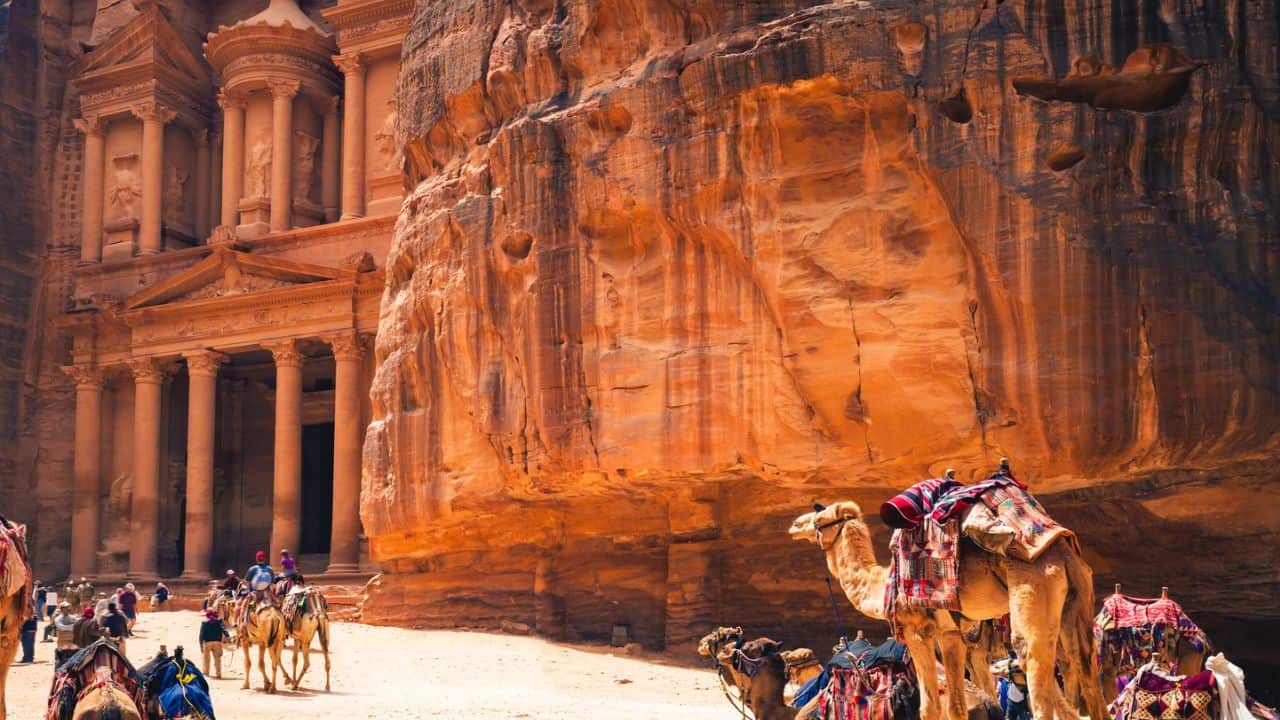 Petra Al Khazneh, aka the Treasury, with Camels in Petra, Jordan