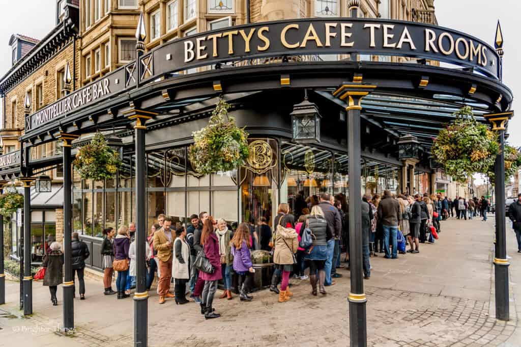 One of the best places to eat in Harrogate is Betty's Cafe. This picture is of the line out front snaking around the building.