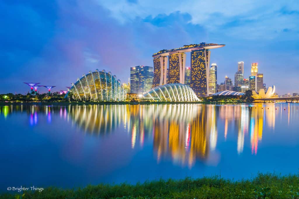 Singapore skyline cityscape at night.