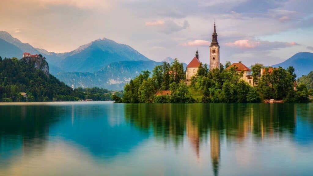 Lake Bled, Slovenia with the church on the island in the center