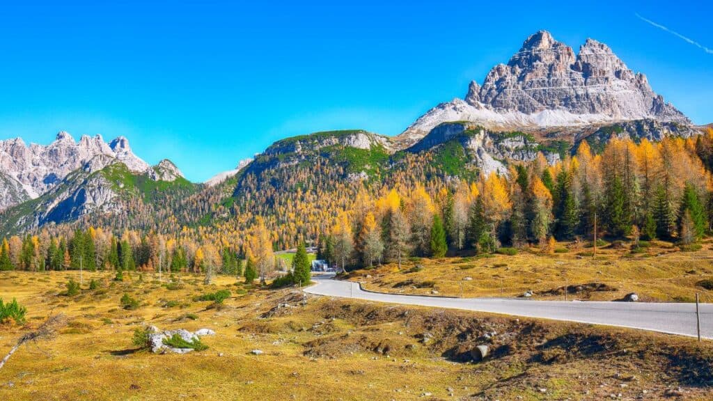 Scenic image of the alpine road in National Park Tre Cime di Lavaredo. Location: National Park Tre Cime di Lavaredo, Dolomiti alps, South Tyrol, Italy, Europe.