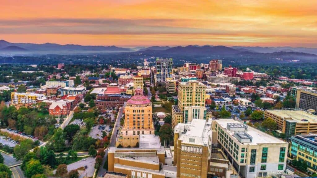 Asheville, North Carolina skyline at sunset