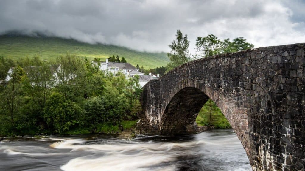 The bridge of orchy in Argyll and Bute with the river orchy in the central highlands of Scotland, United Kingdom