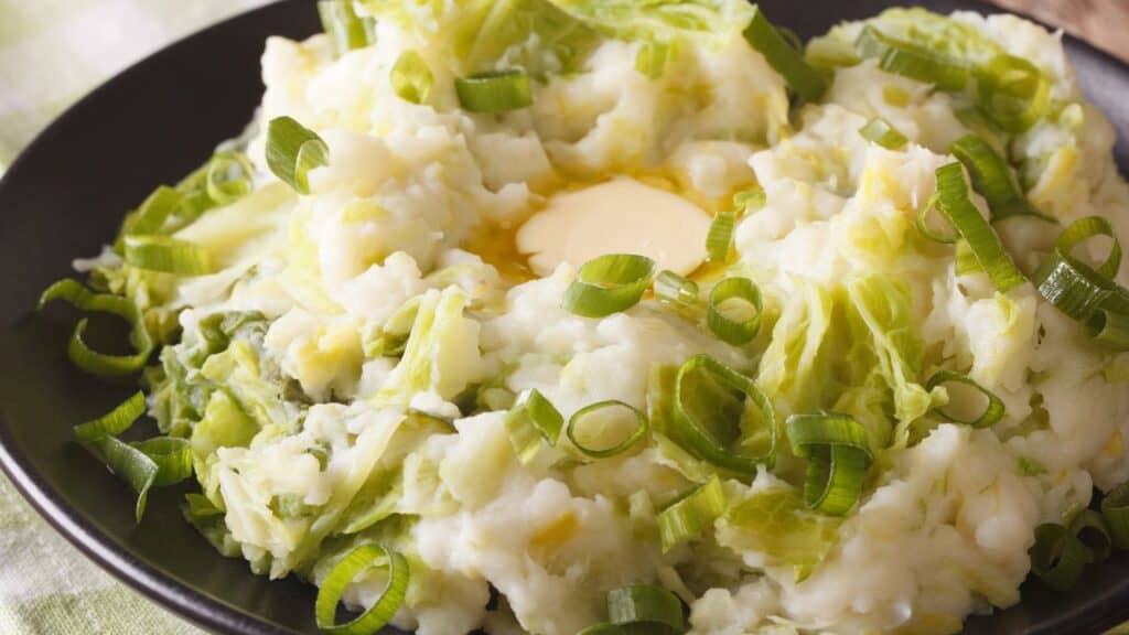 Irish colcannon - mashed potatoes with savoy cabbage closeup.
