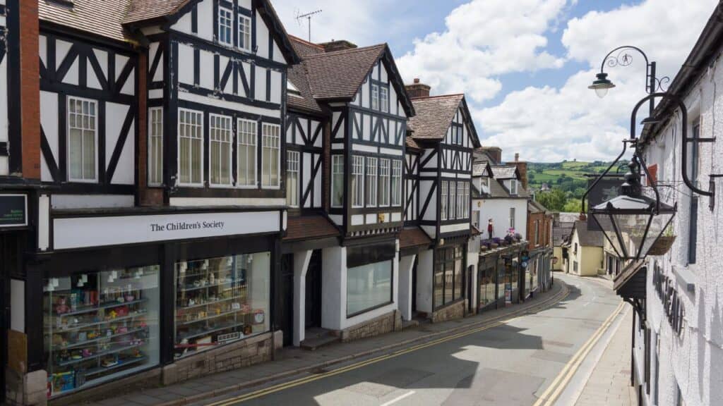 Clwyd street in the ancient medieval town of Ruthin in North Wales with its quaint historic Tudor buildings and shops