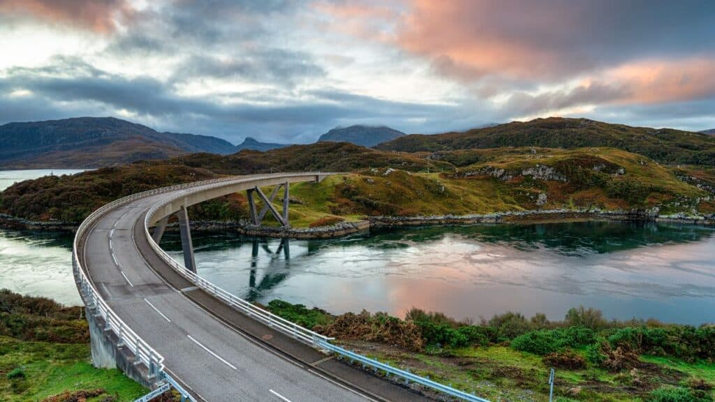 Autumn sunrise over Kylesku Bridge in the Highlands of Scotland, North Coast 500