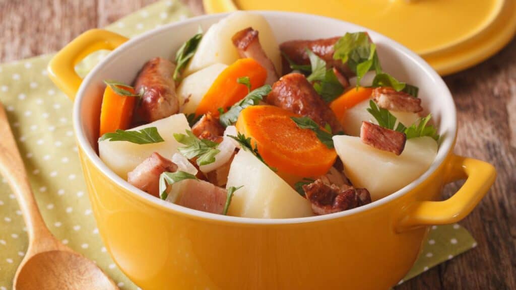 Traditional Irish dish of coddle with sausages, bacon and vegetables