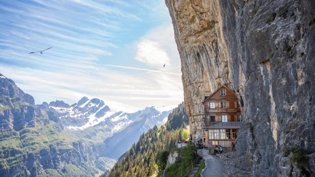 Ebenalp with its famous cliff inn Aescher, Switzerland