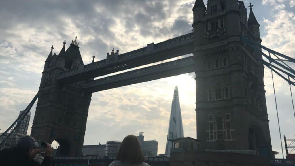 The Shard lined up inside the Tower Bridge in London, England