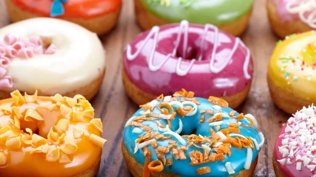 Fresh baked colorful donuts