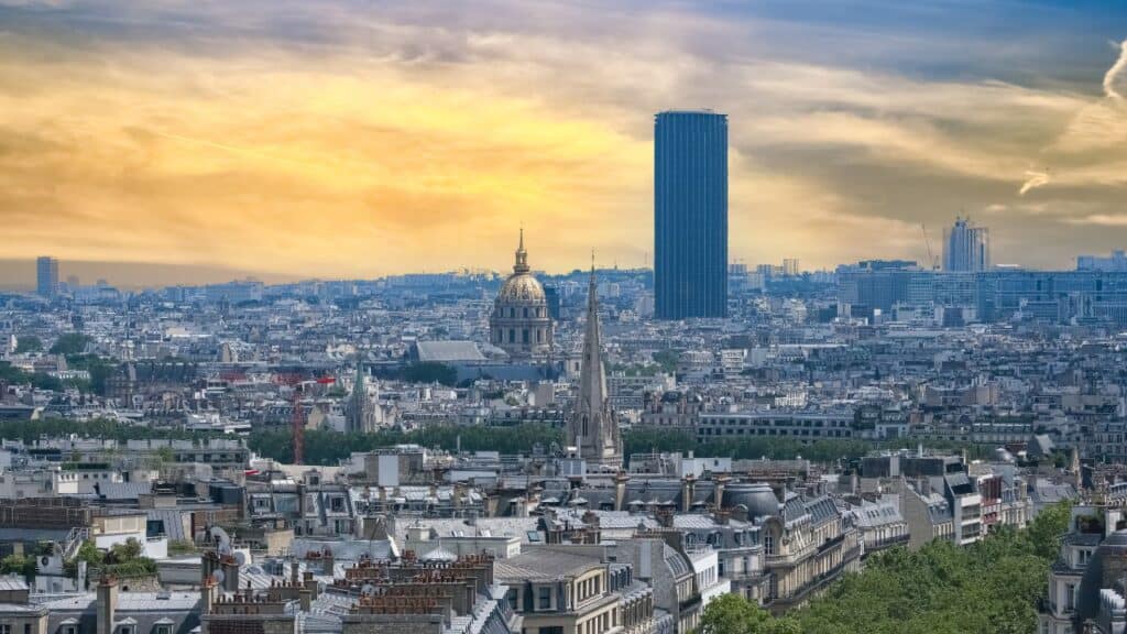 Paris, aerial view of the city, with the Invalides dome and the Montparnasse tower in background