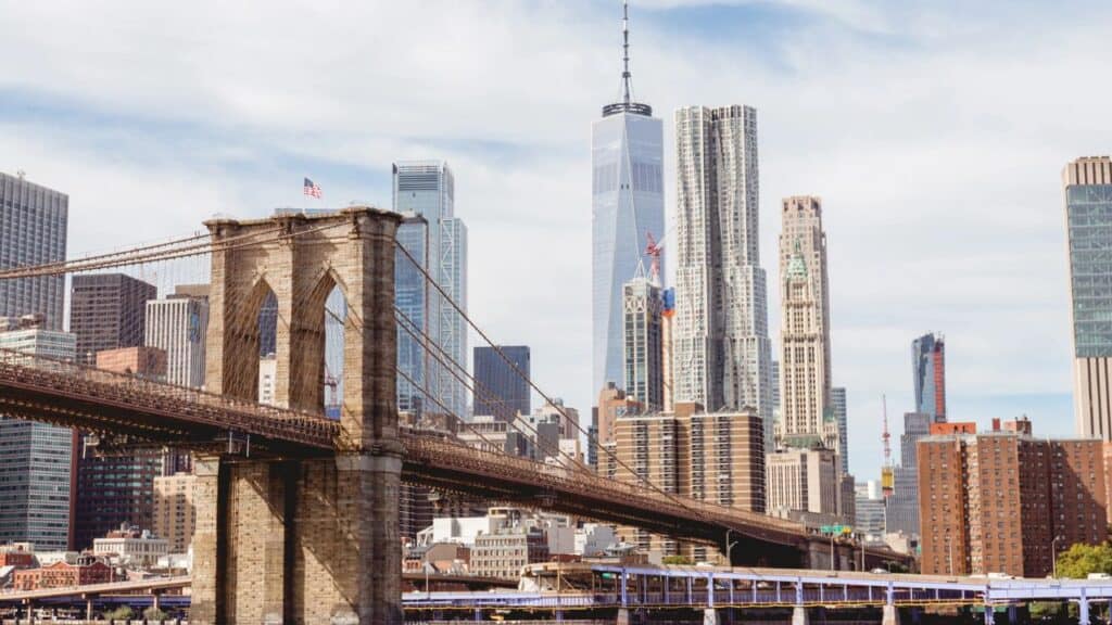 MANHATTAN, NEW YORK, USA - OCTOBER 8, 2018: panoramic view of manhattan and brooklyn bridge in new york, usa