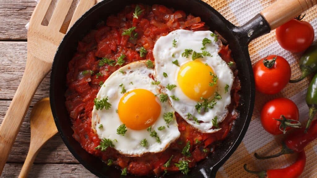 Huevos rancheros closeup in the pan and ingredients