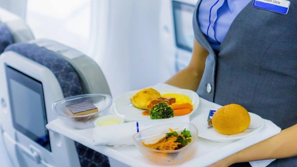 Flight attendant holding a tray of food on an airplane