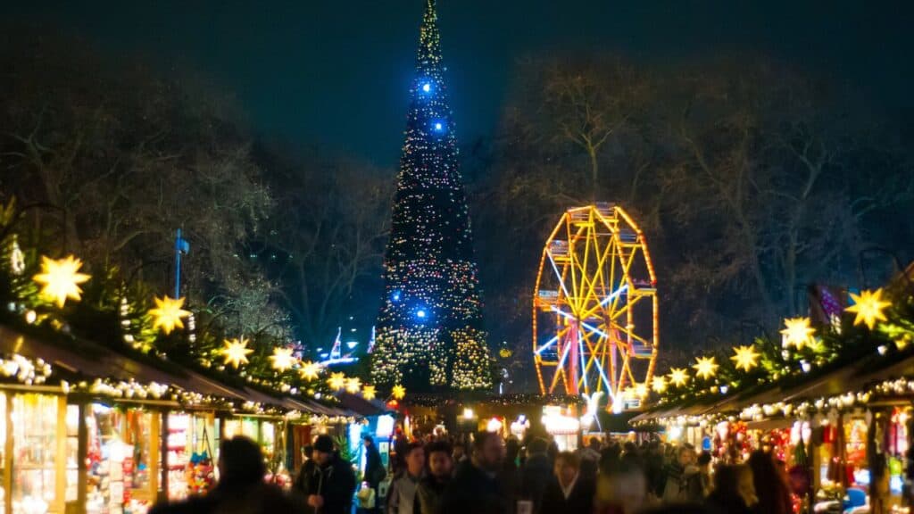 Crowded Christmas Market at Night