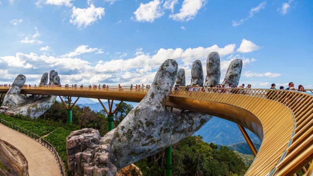 Danang, Vietnam- june 27, 2019:The Golden Bridge tourist resort on Ba Na Hill in Danang, Vietnam.
