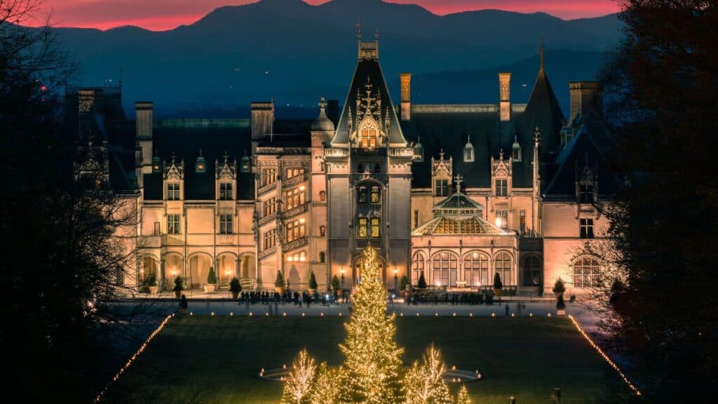 A beautiful scene of the Biltmore Museum in Asheville, North Carolina during the Christmas Holidays at Sunset