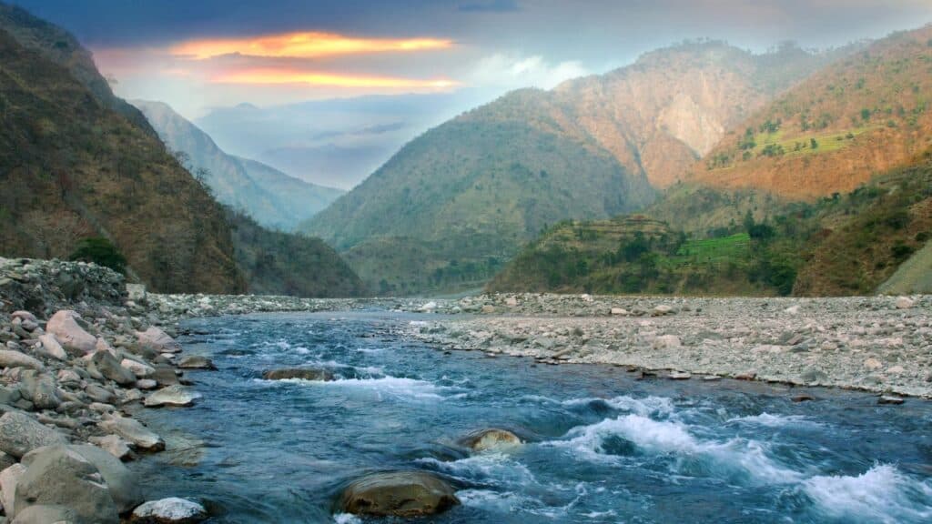 Mountain river running through the Himalayas, India