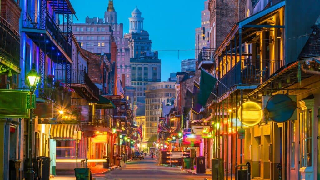 Pubs and bars with neon lights in the French Quarter, New Orleans USA