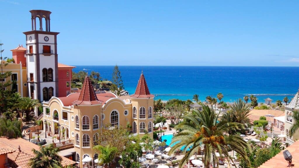 Tower with clock at the luxury hotel, Tenerife island, Spain