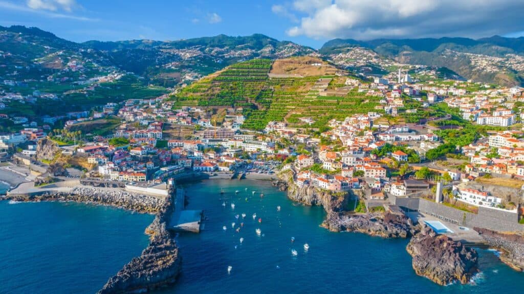 Aerial drone view of Camara de Lobos village panorama near to Funchal, Madeira