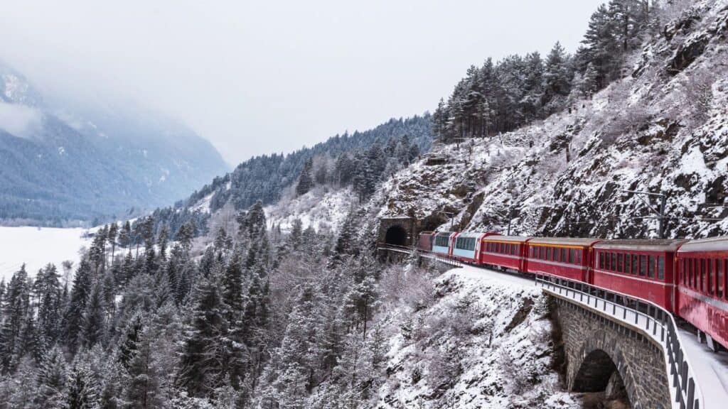 Glacier Express, Switzerland going through the Alps.