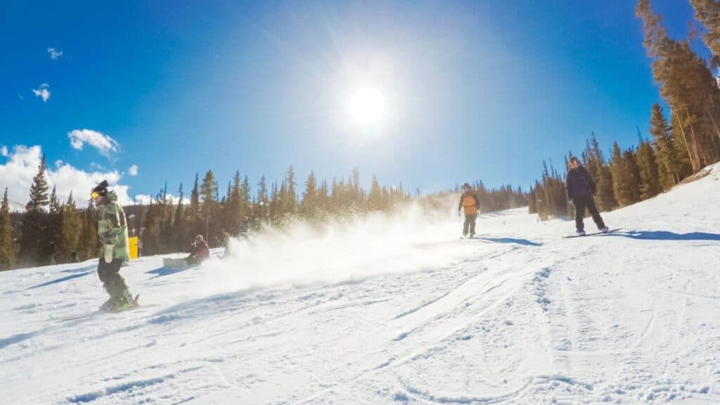 Colorado, USA-POV point of view. Skiing Colorado Rockies in early ski season.
