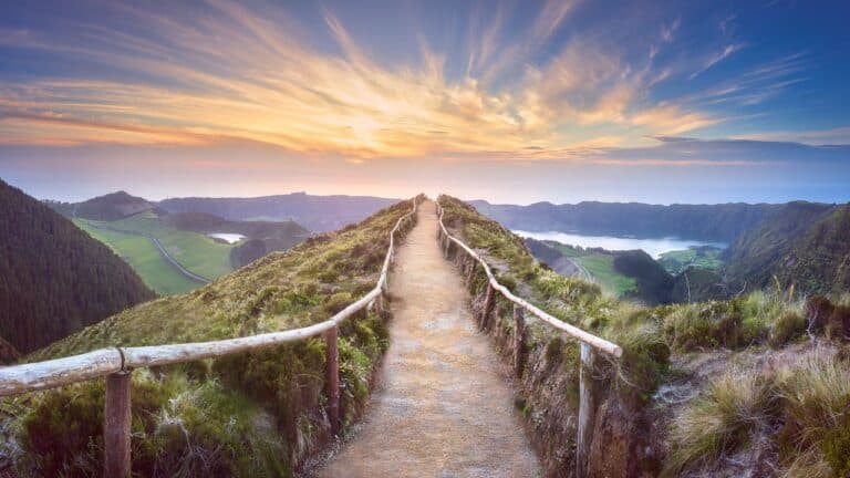 Mountain landscape with hiking trail and view of beautiful lakes Ponta Delgada, Sao Miguel Island, Azores, Portugal