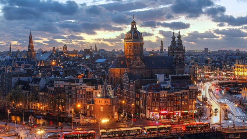 Amsterdam, Netherlands skyline at night